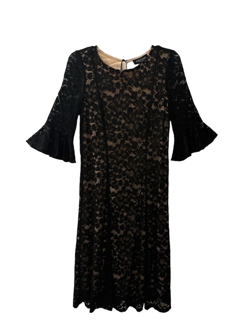 NWT Black Lace Midi Dress with Nude Lining and Bell Sleeves